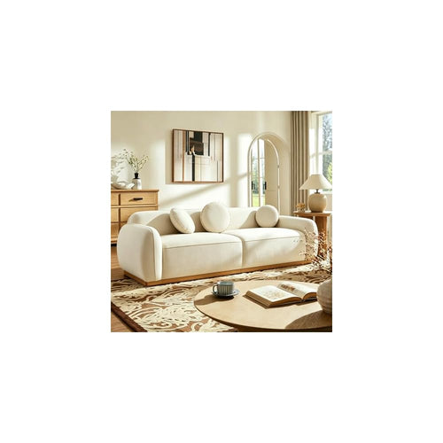 91'' Chenille Cloud Couch, 3 Seater Modern Luxury Sofa with 3 Round Pillows, Solid Wood Base, Easy Assembly, Plush Comfy Upholstered Couch for Living Room, Apartment (Cream White)