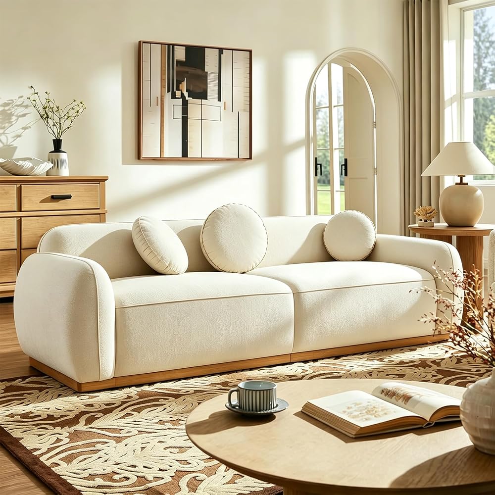 91'' Chenille Cloud Couch, 3 Seater Modern Luxury Sofa with 3 Round Pillows, Solid Wood Base, Easy Assembly, Plush Comfy Upholstered Couch for Living Room, Apartment (Cream White)